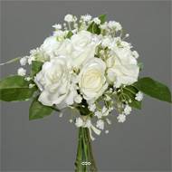 Bouquet de Roses et Gypsophile artificielles 7 tetes Hauteur 24 cm Crème