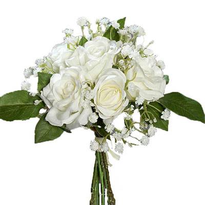 Bouquet de Roses et Gypsophile artificielles 7 tetes Hauteur 24 cm Crème