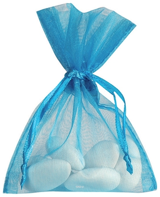 Sachets a dragees x10 Turquoise en Organdi 7 5 x 10 cm avec liens