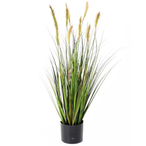 Graminée en pot factice plante eau & quenouille H90cm D45cm Vert-jaune