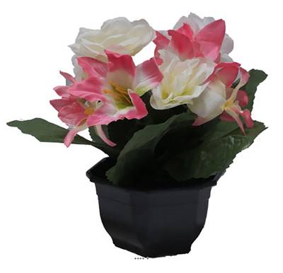 Vasque fleurs artificielles cimetière roses et lys H 28 cm D 25 cm Rose pâle