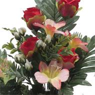 Jardinière fleurs artificielles Rose, Alstromeria et mini fleurs Rouge pour la Toussaint