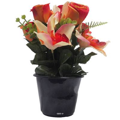 Pot de Rose, Lys et Orchidée artificiels pour la Toussaint Orange