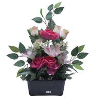 Jardinière fleurs Rose, Bouton de rose, Lys tigré et Ficus Rose fushiaartificiels pour la Toussaint
