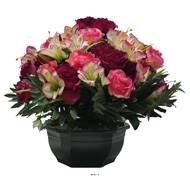 Grande Vasque de Roses fleurs artificielles pour le cimetière H 39 cm D 41 cm Fushia