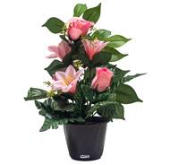 Pot de Boutons de Roses fleurs artificielles pour le cimetière H 34 cm D 23 cm Rose