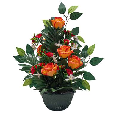 Vasque de Roses fleurs artificielles pour le cimetière H 50 cm D 35 cm Orange