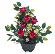 Vasque de Roses fleurs artificielles pour le cimetière H 50 cm D 35 cm Rouge