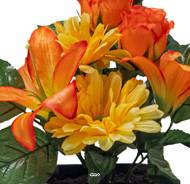 Vasque Carrée de Gerberas fleurs artificielles pour le cimetière H 28 cm Lg 25 cm Jaune-orange