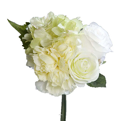 Bouquet de Roses et Hortensias factices Blanc-vert 4 têtes D20cm