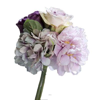 Bouquet de Roses et Hortensias artificielles lavande 4 têtes D 20 cm