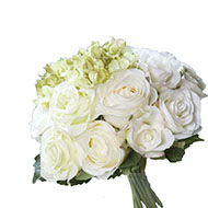 Bouquet de Roses et Hortensias factices Blanc-Vert 13 têtes D28cm