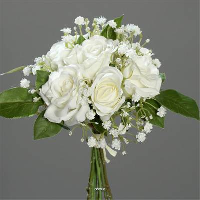 Bouquet de Roses et Gypsophile artificielles 7 tetes Hauteur 24 cm Crème