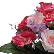 Fleurs artificielles cimetière pot de roses, min fleurs et gypsophiles H 36 cm D 32 cm Rose fushia