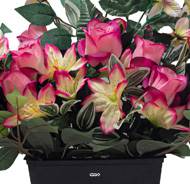 Devant de tombe fleurs artificielles pour le cimetière roses, Orchidées et lys H 50 cm Rose soutenu