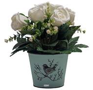 Pot Zinc fleurs artificielles Boutons de rose pour le cimetière H 26 cm D 23 cm Blanc neige