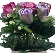 Pot Zinc fleurs artificielles Boutons de rose pour le cimetière H 26 cm D 23 cm Lavande