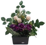 Grande Jardinière de fleurs artificielles Roses pour le cimetière H 50 cm Lg 47 cm Pourpre