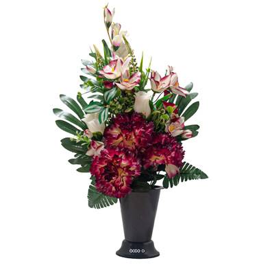 Pot Cône d'Oeillets fleurs artificielles pour le cimetière H 57 cm D 37 cm Bourgogne