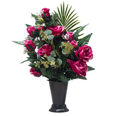 Pot Cône de Roses fleurs artificielles pour le cimetière H 57 cm D 38 cm Fushia
