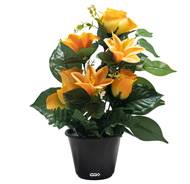 Pot de Boutons de Roses fleurs artificielles pour le cimetière H 34 cm D 23 cm Jaune