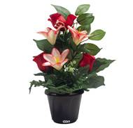 Pot de Boutons de Roses fleurs artificielles pour le cimetière H 34 cm D 23 cm Rouge