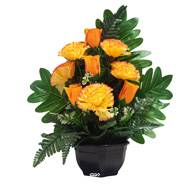 Vasque de Boutons de Roses fleurs artificielles pour le cimetière H 45 cm D 36 cm Jaune-orange