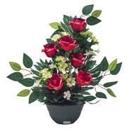 Vasque de Roses fleurs artificielles pour le cimetière H 50 cm D 35 cm Rouge