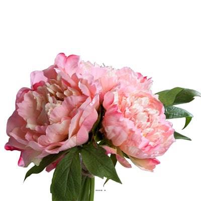 Bouquet de 3 Pivoines epanouies artificielles Corde et feuillage H 26 cm Rose