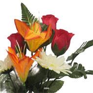 Pot pour la Toussaint de Boutons de Rose, Lys tigrés et gerberas artificiels pour la tombe Orange