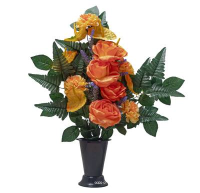 Pot Cône de Dahlias fleurs artificielles pour le cimetière H 60 cm D 40 cm Orange