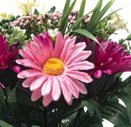 Vasque de Gerberas fleurs artificielles pour le cimetière H 26 cm D 23 cm Fushia