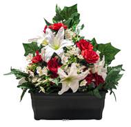 Devant de tombe fleurs artificielles pour le cimetière roses, mini-fleurs et lys H 60 cm Rouge-orang