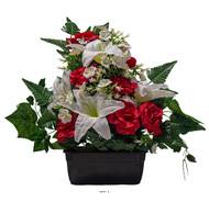 Jardinière de Roses fleurs artificielles pour le cimetière H 50 cm Lg 50 cm Rouge-orange