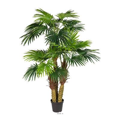 Palmier Chamaerops artificiel H 185 cm 3 troncs 26 feuilles en pot