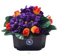 Composition fleurs artificielles cimetière pot carré violettes et mini roses H 17 cm D 24 cm Rouge-o
