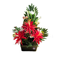 Mini jardinière fleurs artificielles cimetière dahlias lavande et orchidées H 49 cm L 30 cm Rouge