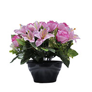 Coupe fleurs artificielles cimetière roses, lys et feuillage D 28 cm Rose pâle