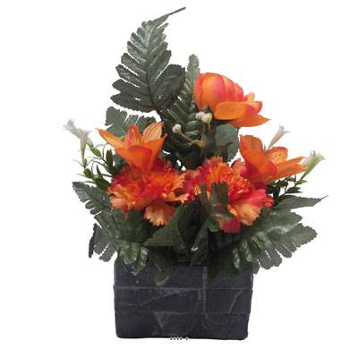 jardinièrre pot beton Renoncule, œillet, et alstromeria pour la Toussaint Orange