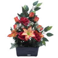 Jardinière fleurs Rose, Bouton de rose, Lys tigré et Ficus Rouge artificiels pour la Toussaint