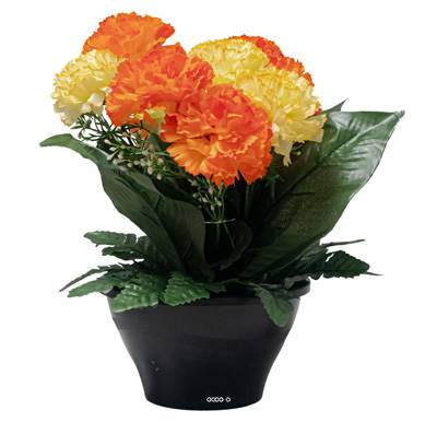 Vasque d'Oeillets fleurs artificielles pour le cimetière H 25 cm D 27 cm Jaune-orange