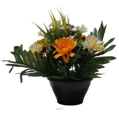 Vasque de Gerberas fleurs artificielles pour le cimetière H 26 cm D 23 cm Orange
