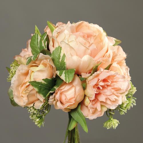 Bouquet Pivoines &Carottes sauvages factice 7 fleurs H20cm Rose saumon