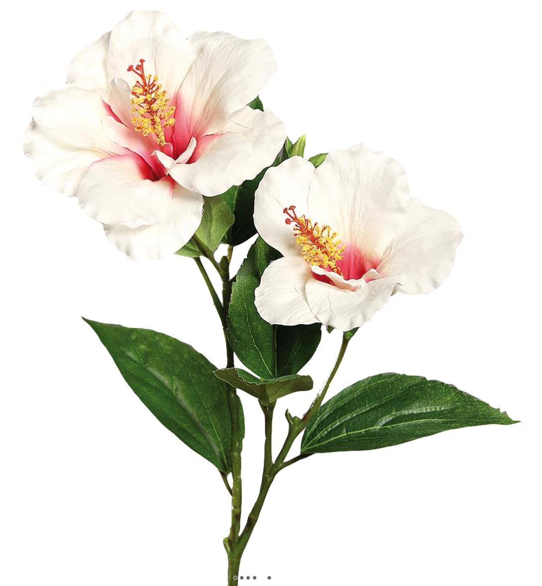 Hibiscus artificiel en branche H 65 cm 2 fleurs exotiques | Artificielles .com.