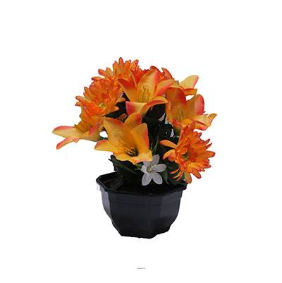 Vasque fleurs artificielles cimetière gerberas et lys H 28 cm D 25 cm Orange