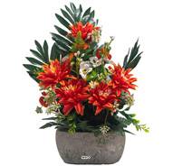 Jardinière pot béton Chrysantheme, Pensée et mini fleurs Orange pour la Toussaint