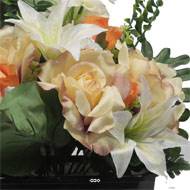 Jardinière fleurs artificielles pour les tombes Rose, bouton de Rose, Lys et Delphinium Orange