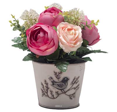 Pot Zinc fleurs artificielles Boutons de Pivoines pour le cimetière H 24 cm D 21 cm Fushia