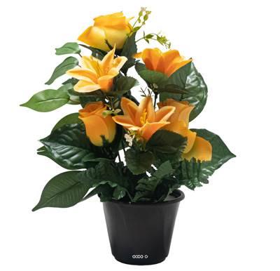 Pot de Boutons de Roses fleurs artificielles pour le cimetière H 34 cm D 23 cm Jaune