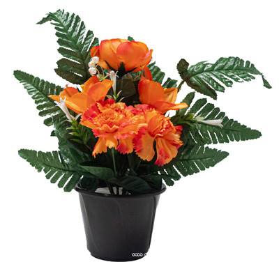 Pot de Boutons de Roses fleurs artificielles pour le cimetière H 34 cm D 23 cm Orange